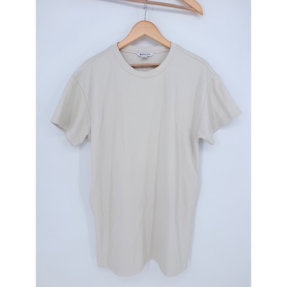 Athleta Dresses & Skirts - Athleta Renew Ribbed T-Shirt Dress M Beige Short Pockets Quiet Luxury Yoga